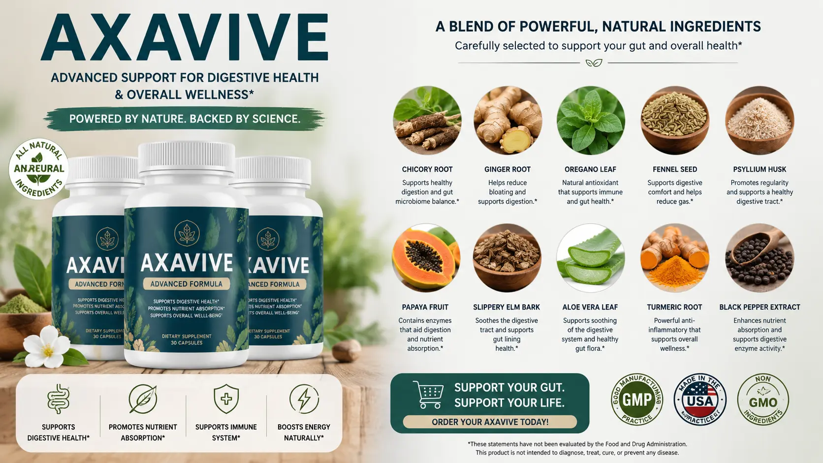 Axavive supplement bottle and health ingredients