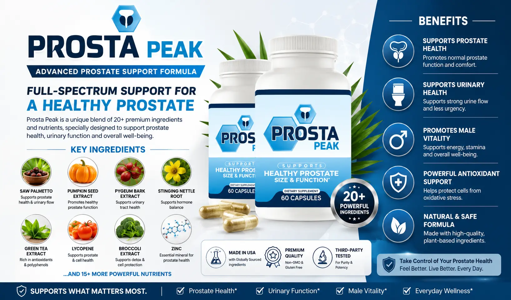 Prosta Peak supplement bottle and prostate health ingredients