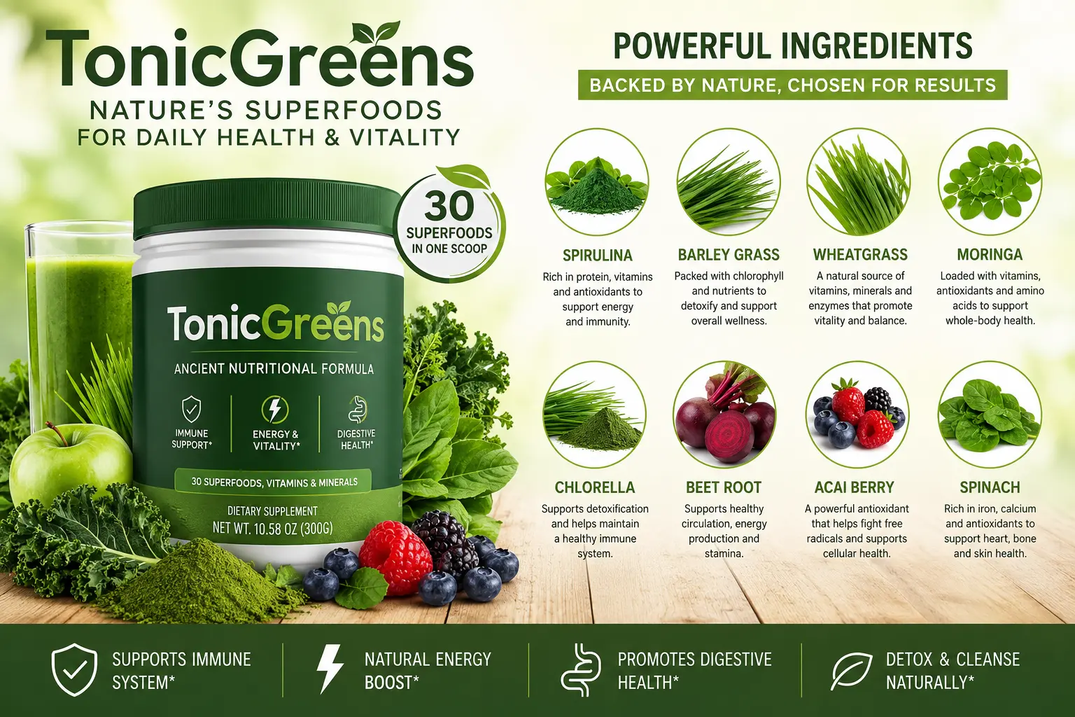TonicGreens dietary supplement displayed with its natural superfood ingredients, including spirulina, chlorella, barley grass, wheatgrass, moringa, beetroot, spinach, and acai berry, highlighting immune support, energy, digestive health, and antioxidant benefits.